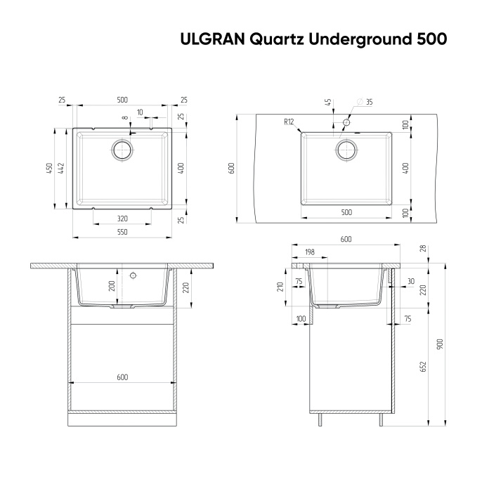 Мойка для кухни Ulgran Quartz Underground 500 асфальт