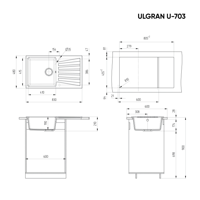 Мойка для кухни Ulgran U-703 серый