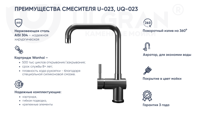 Смеситель для кухни Ulgran U-023 антрацит