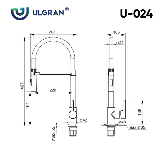 Смеситель для кухни Ulgran U-024 черный матовый