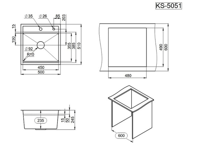 Мойка для кухни Granula KS-5051 сталь графитовый матовый