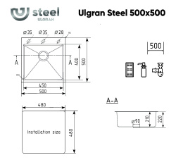 Мойка для кухни Ulgran STEEL 500x500 брашированная сталь