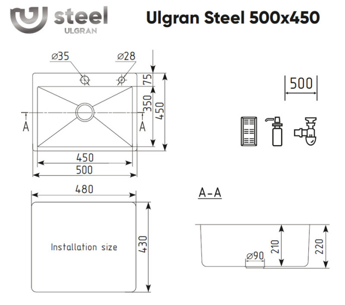 Мойка для кухни Ulgran STEEL 500x450 черный