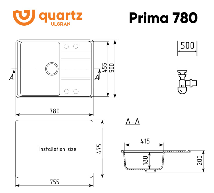 Мойка для кухни Ulgran Quartz Prima 780 уголь