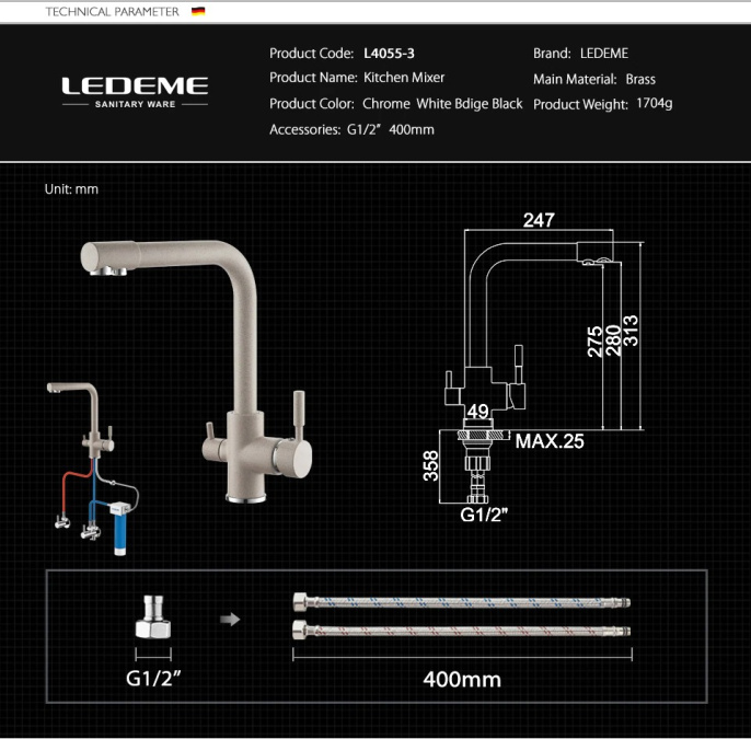 Смеситель для кухни Ledeme H55 L4055B-3 черный