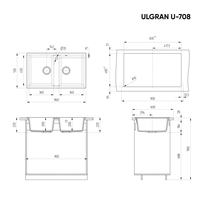 Мойка для кухни Ulgran U-708 антрацит